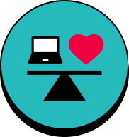 Balance icon with computer on one side and heart on the other