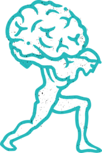 Graphic shows a stylized nude male figure hoisting a brain on his shoulders, in the style of the Greek god Atlas.