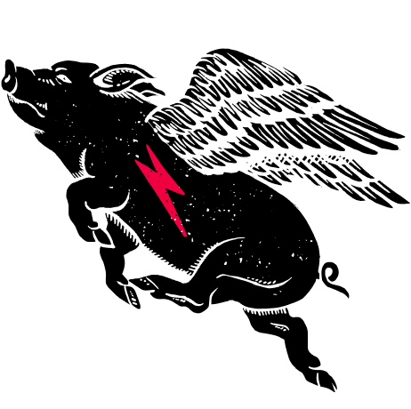 Image of black flying pig with red lightning bolt on it's side