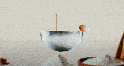 Animated graphic cycles through images of a mixing bowl, recipe, building and "for sale" sign.
